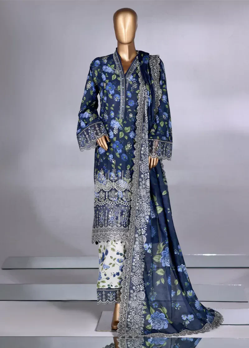 3 Piece Navy Blue Color Embroidered Lawn Shirt with Embroidered Trouser & Dupatta - Image 3