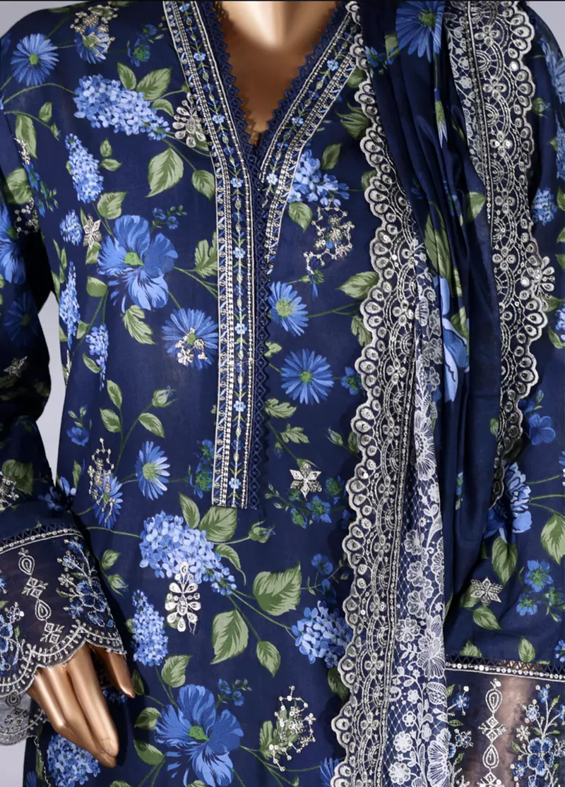 3 Piece Navy Blue Color Embroidered Lawn Shirt with Embroidered Trouser & Dupatta - Image 4