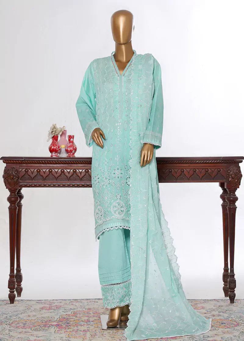 3 Piece Turquoise Color Chikankari Lawn Shirt with Embroidered Trouser & Dupatta - Image 3