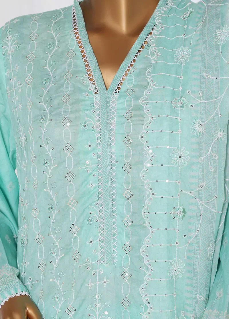 3 Piece Turquoise Color Chikankari Lawn Shirt with Embroidered Trouser & Dupatta - Image 4