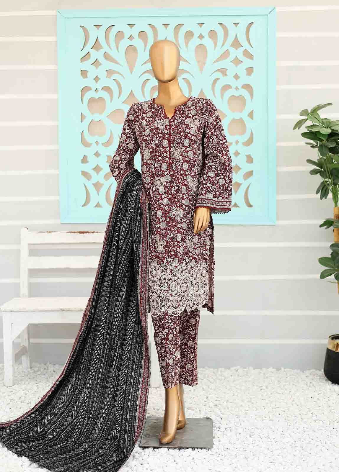 WKE-017 A -3 Piece Khaddar Chikankari Stitched Suit - Image 3